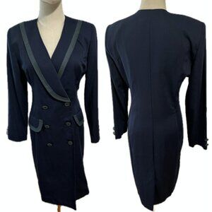 80s DANNY & NICOLE NAVY NORMCORE JACKET DRESS W HERRINGBONE GREEN ACCENT TRIM 8P